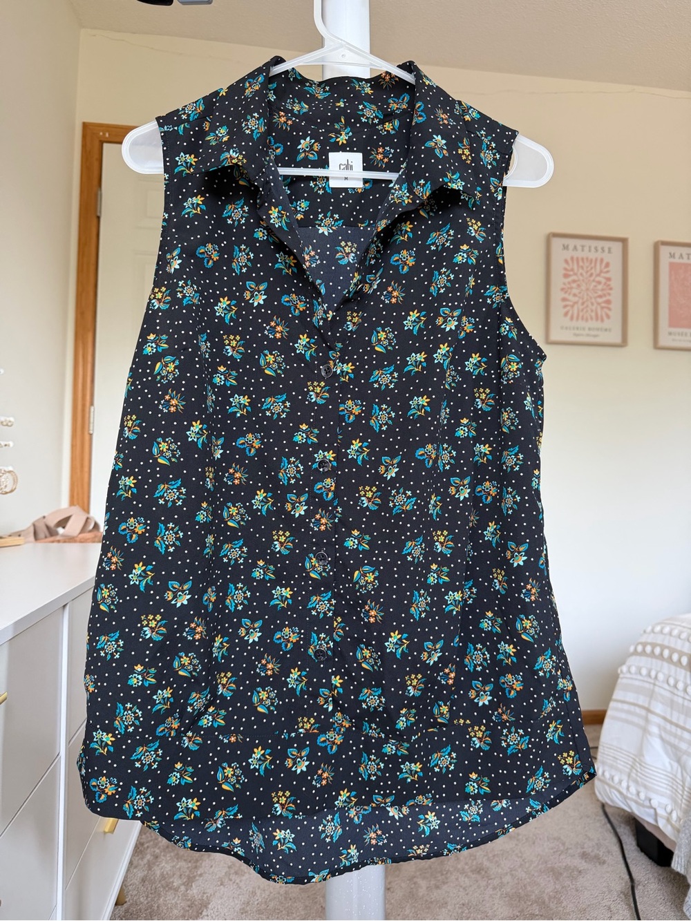 CAbi Black Sleeveless Floral Button-Up Blouse